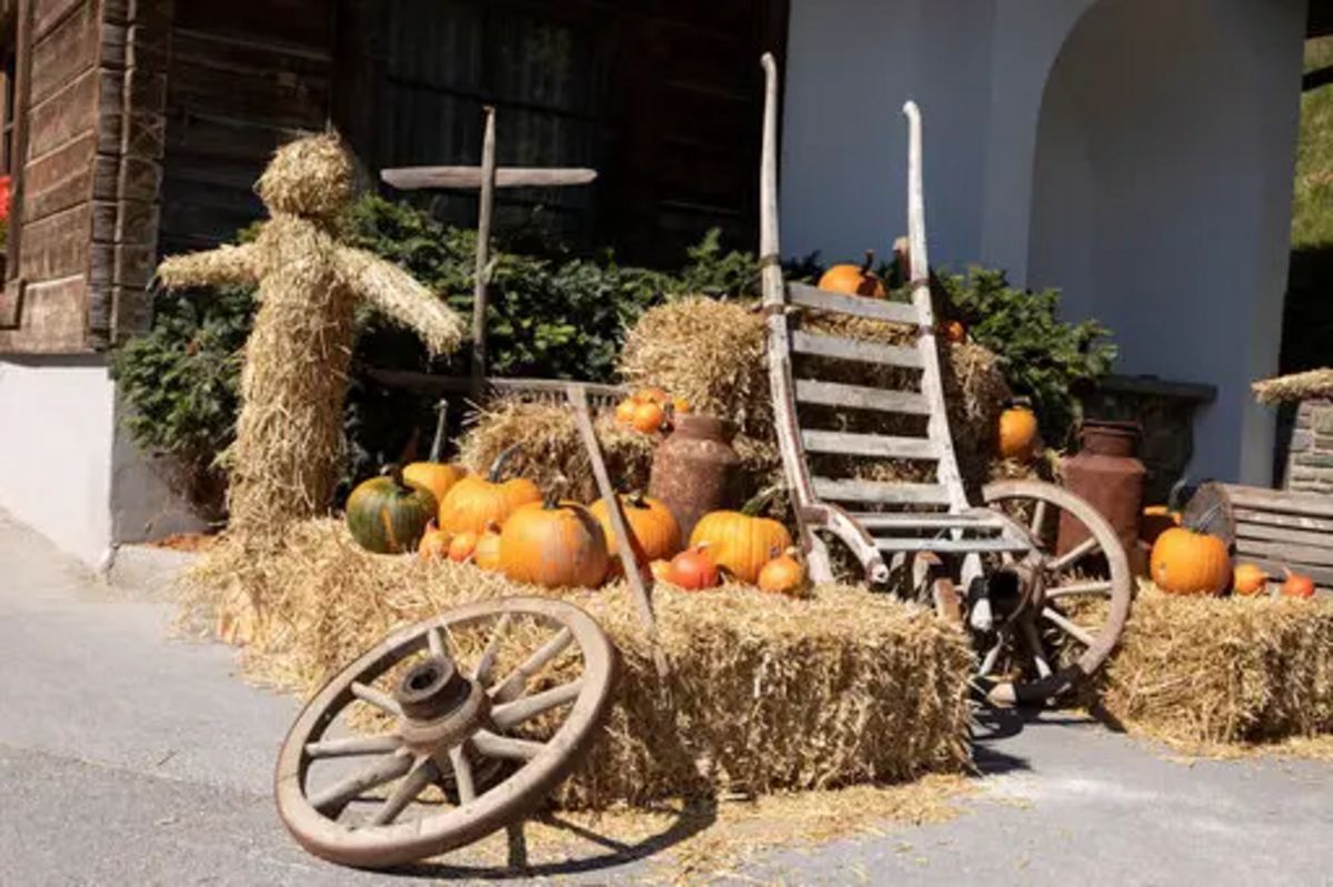 Herbstdekoration mit Strohpuppen, Kürbissen und Holzkarre vor historischem Gebäude