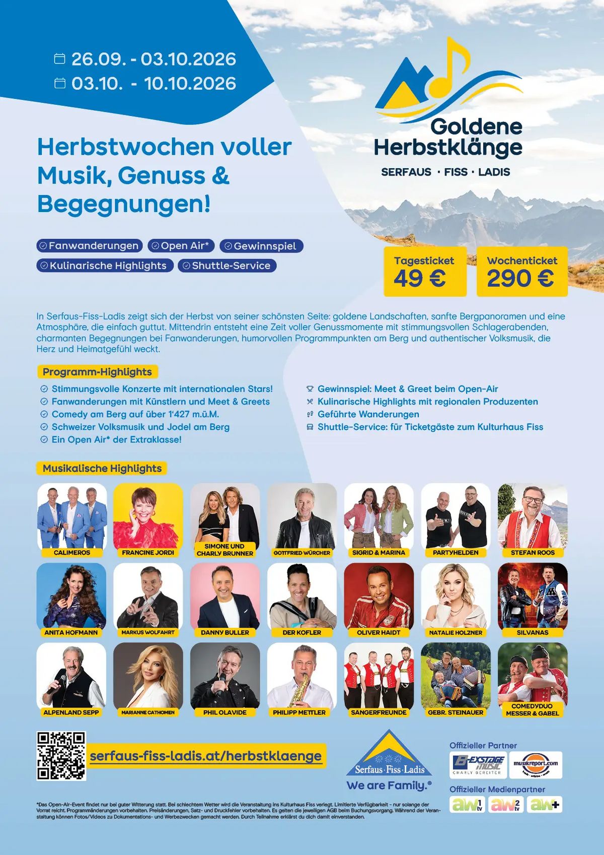 Plakat Goldene Herbstklänge 2026 mit Musikern, Terminen und Preisen für Serfaus-Fiss-Ladis.